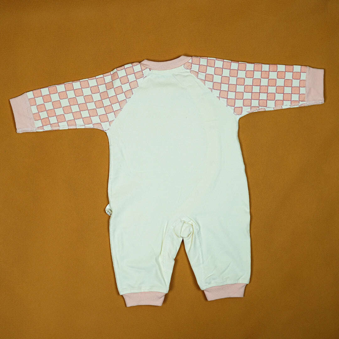 Imported Pink & White Bunny Onesie | Checkered Sleeves | Carrot Print | Premium Cotton | Newborn to 6 Months