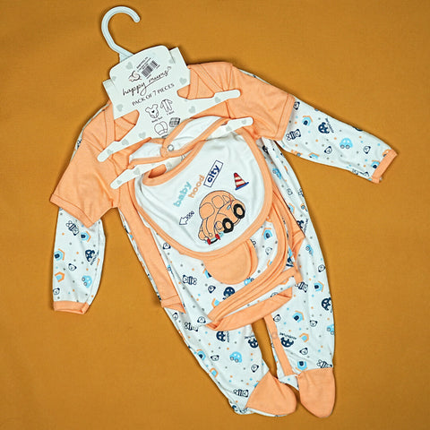 7-Piece Baby Boy Gift Set | Orange & White Car Theme (0-3 Months) | Bodysuit, Sleepsuit, Bib, Mittens, Hat & Wrap | Soft Cotton for Delicate Skin