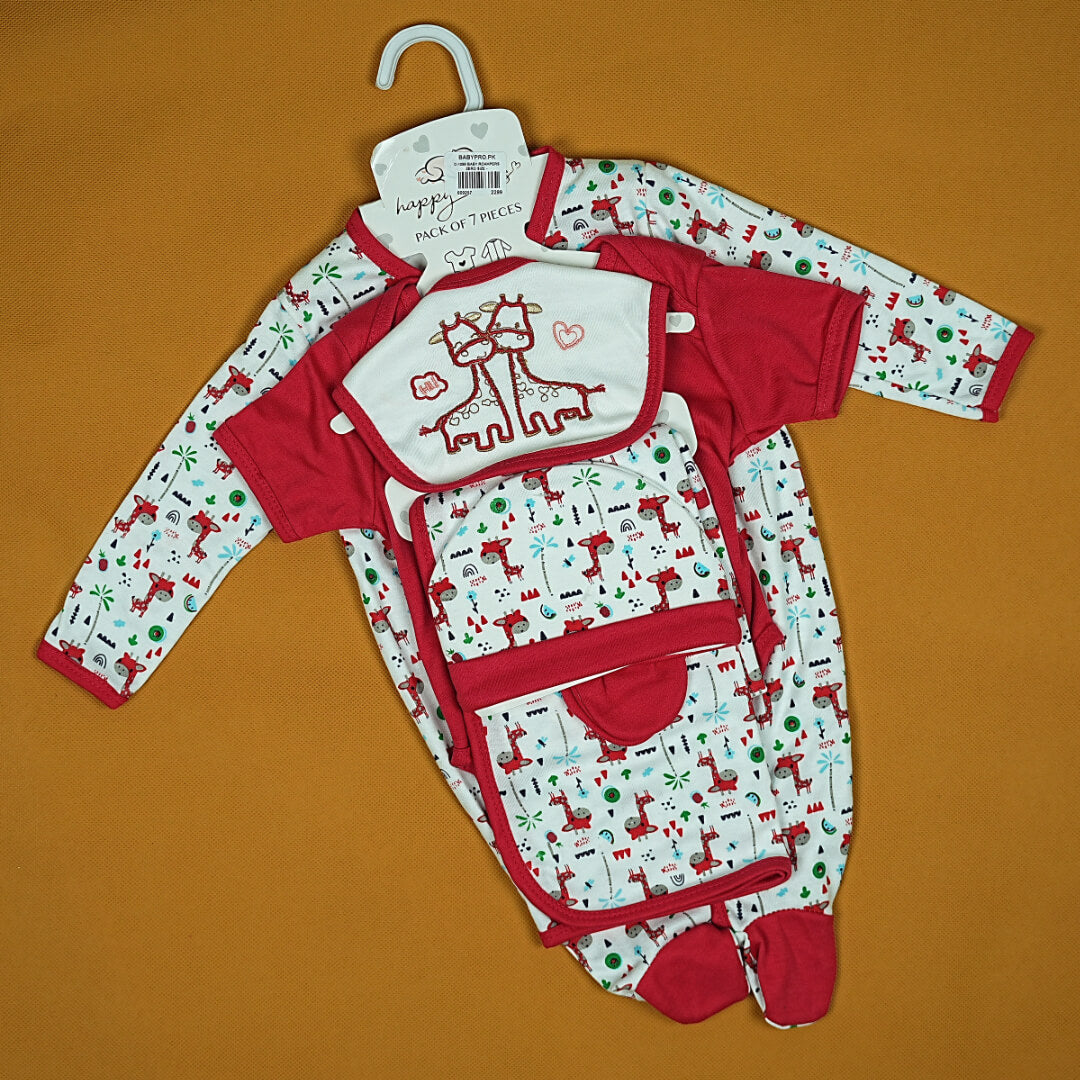 Adorable 7-Piece Baby Gift Set | Giraffe Print (0-3 Months) | Bodysuit, Sleepsuit, Bib, Mittens, Booties, Hat & Wrap | Soft Cotton for Delicate Skin