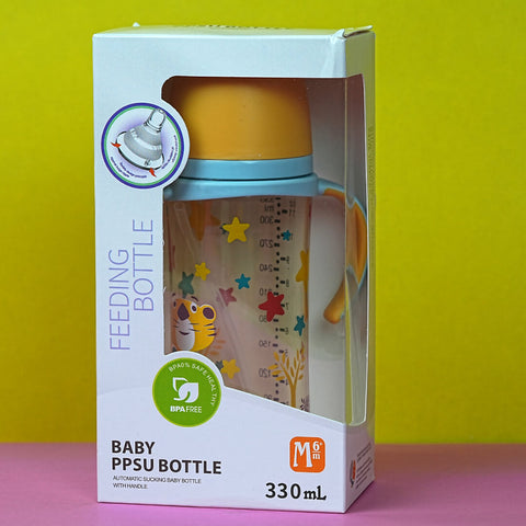 BabyPro PPSU Plastic Feeding Bottle with Handle, 330ml, Anti-Colic, Automatic Sucking, BPA Free, 6+ Months, Tiger Design, Pakistan