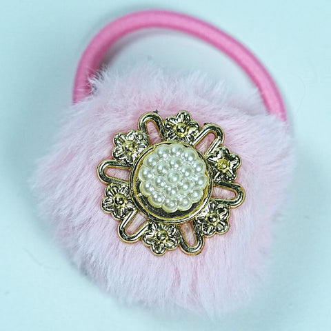 Soft Fur Hair Tie with Pearl and Gold Accents